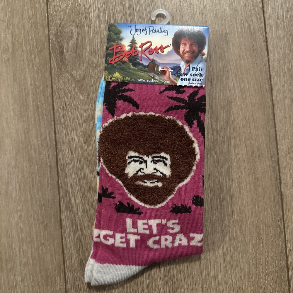 Bob Ross "LET'S GET CRAZY" Novelty Crew Socks 1 Pair One Size Fits Most NWT